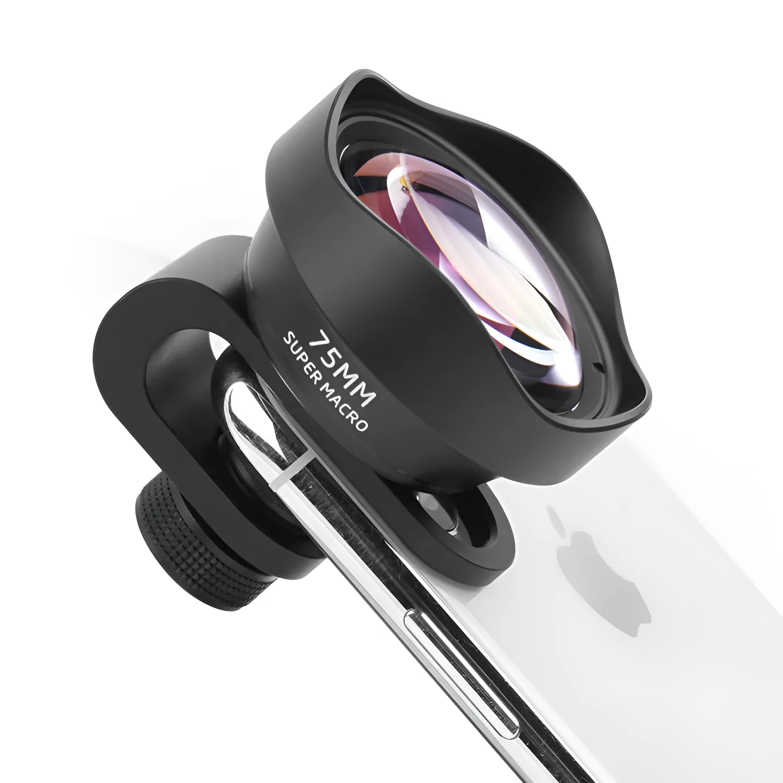 Universal mobile phone macro lens with protective cover and storage bag for close-up smartphone photography.