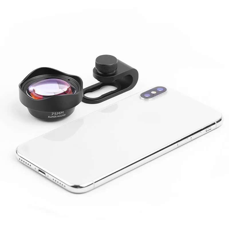 Universal mobile phone macro lens with protective cover and storage bag for close-up smartphone photography.