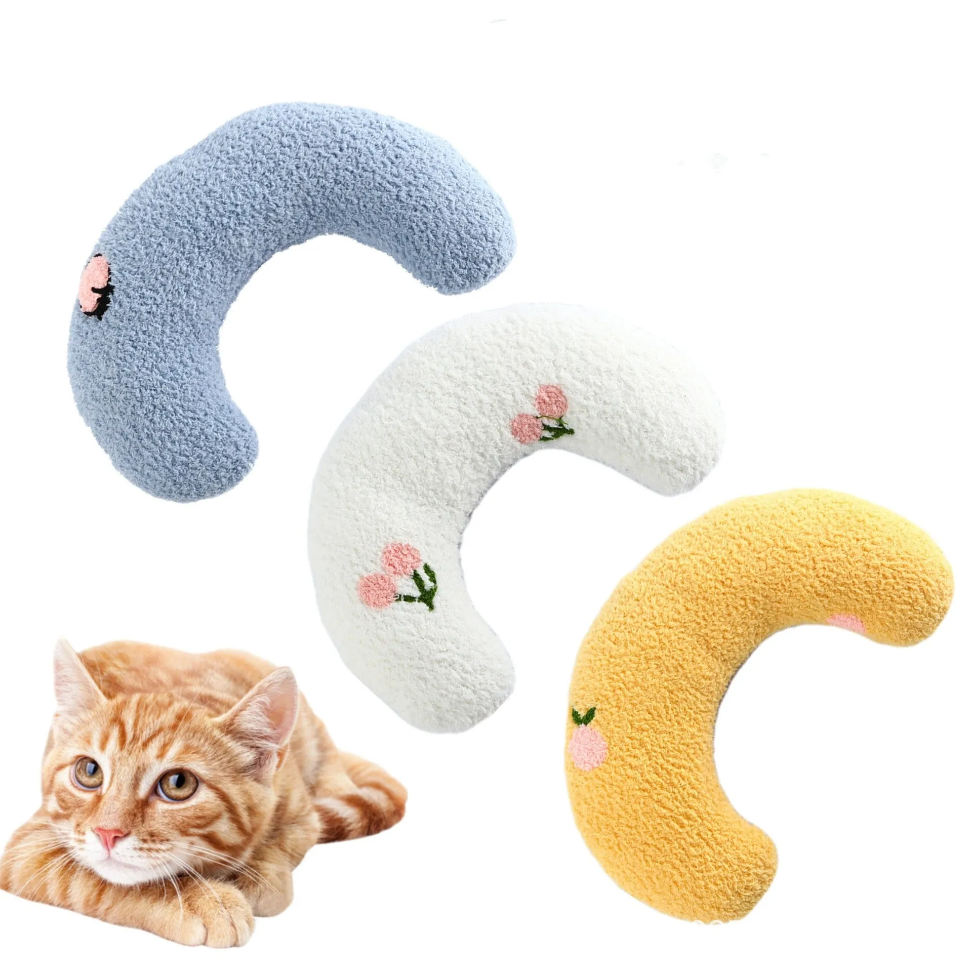 Blue U-shaped plush pet pillow for a small cat or dog on a grey background.