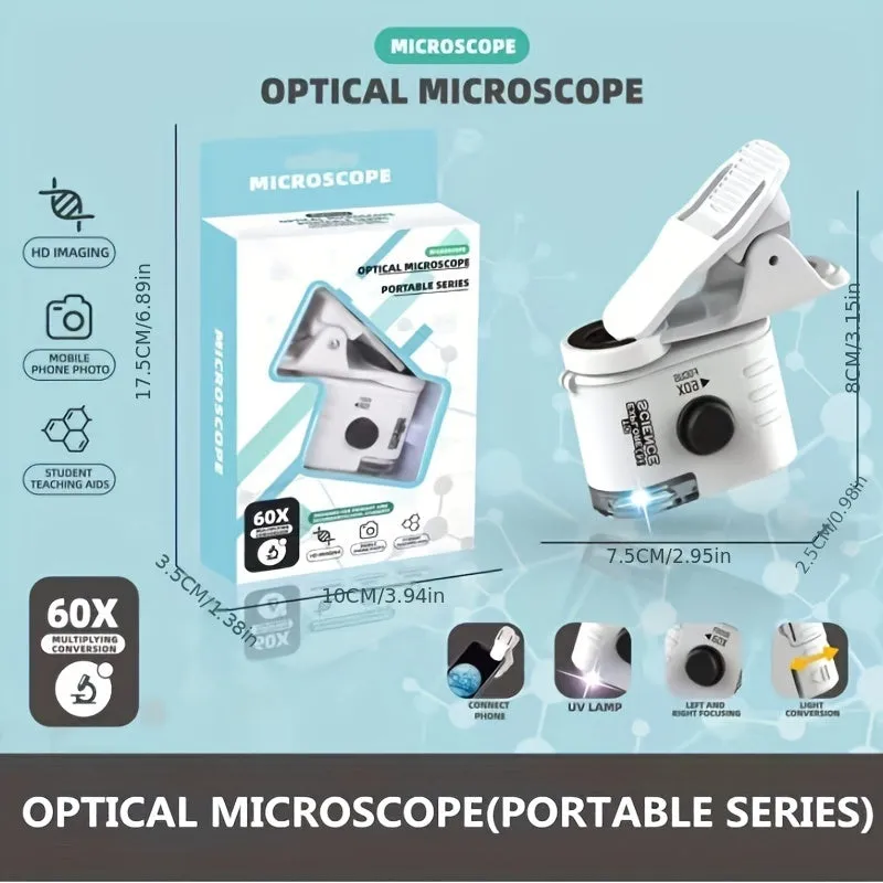 Mini mobile phone microscope with 60x magnification and LED light attached to smartphone