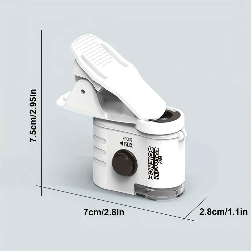 Mini mobile phone microscope with 60x magnification and LED light attached to smartphone