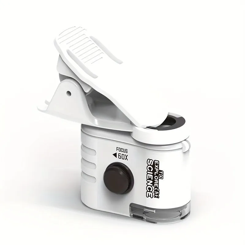 Mini mobile phone microscope with 60x magnification and LED light attached to smartphone