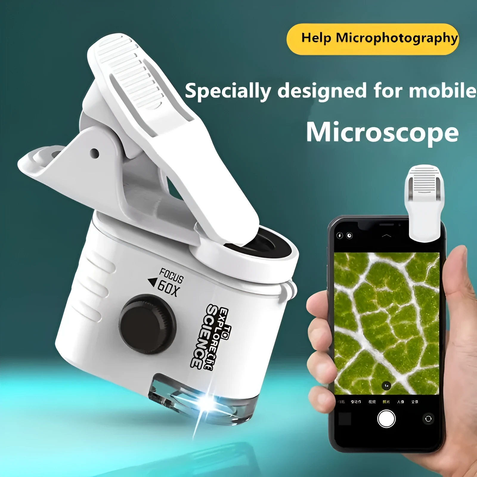 Mini mobile phone microscope with 60x magnification and LED light attached to smartphone