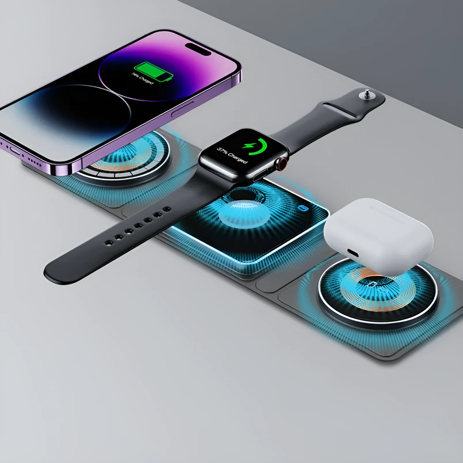 Black transparent MagSafe 3-in-1 foldable wireless charging stand for iPhone, Watch and earbuds.