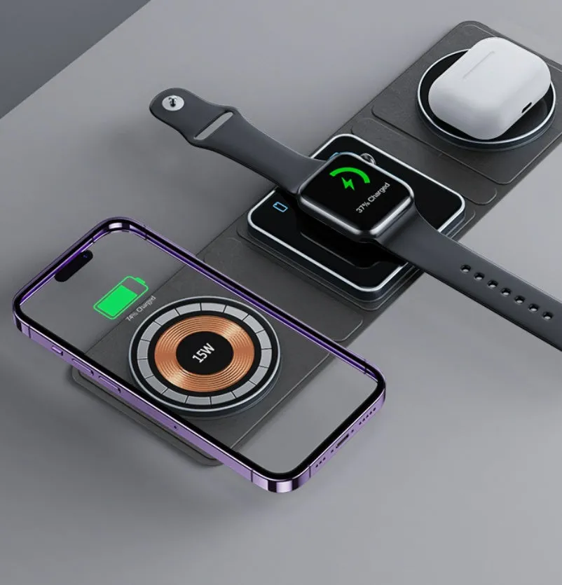 Black transparent MagSafe 3-in-1 foldable wireless charging stand for iPhone, Watch and earbuds.