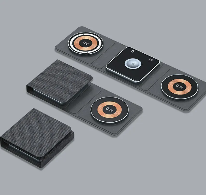 Black transparent MagSafe 3-in-1 foldable wireless charging stand for iPhone, Watch and earbuds.