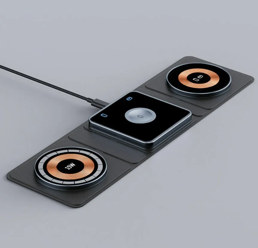 Black transparent MagSafe 3-in-1 foldable wireless charging stand for iPhone, Watch and earbuds.