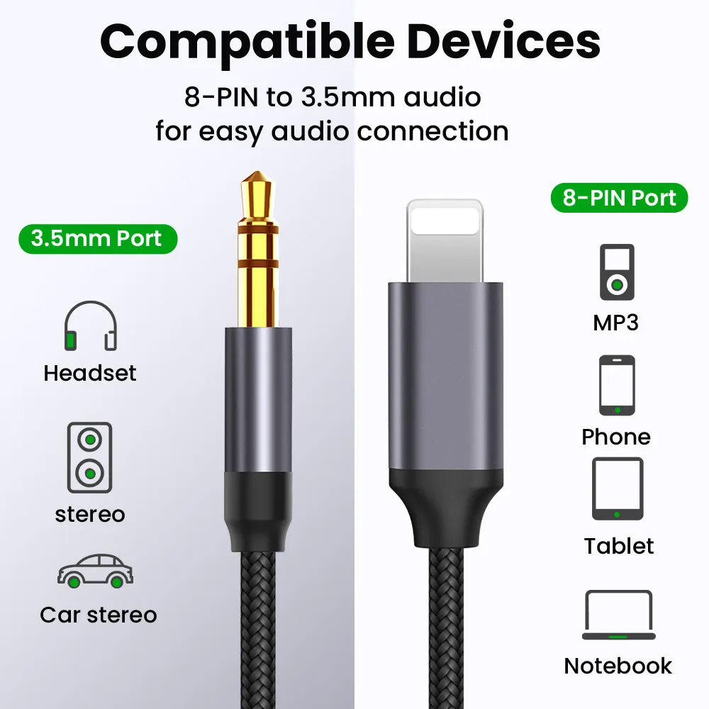 Silver 3.5mm male-to-male nylon braided aux audio cable coiled on a table with length marked as 1m
