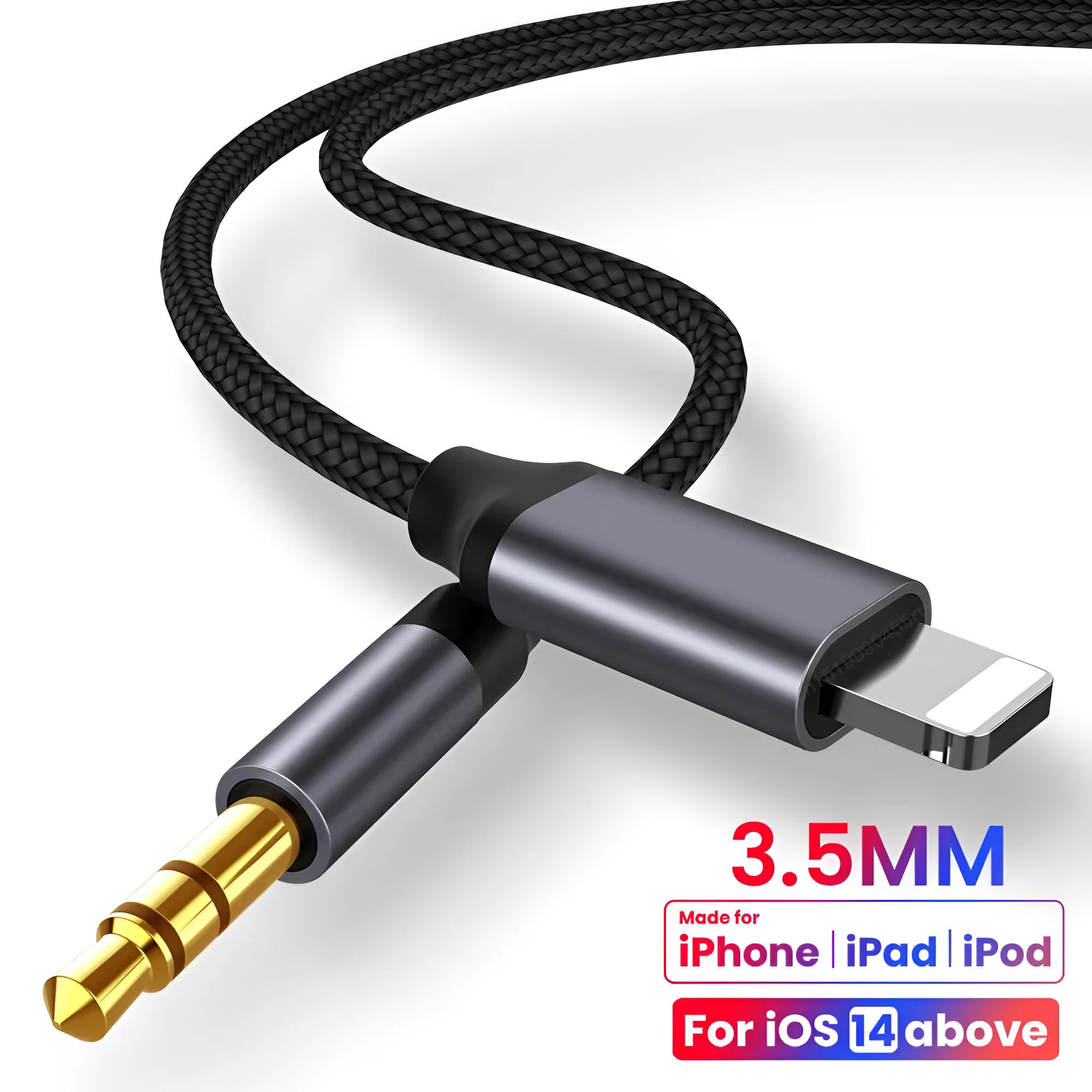 Silver 3.5mm male-to-male nylon braided aux audio cable coiled on a table with length marked as 1m