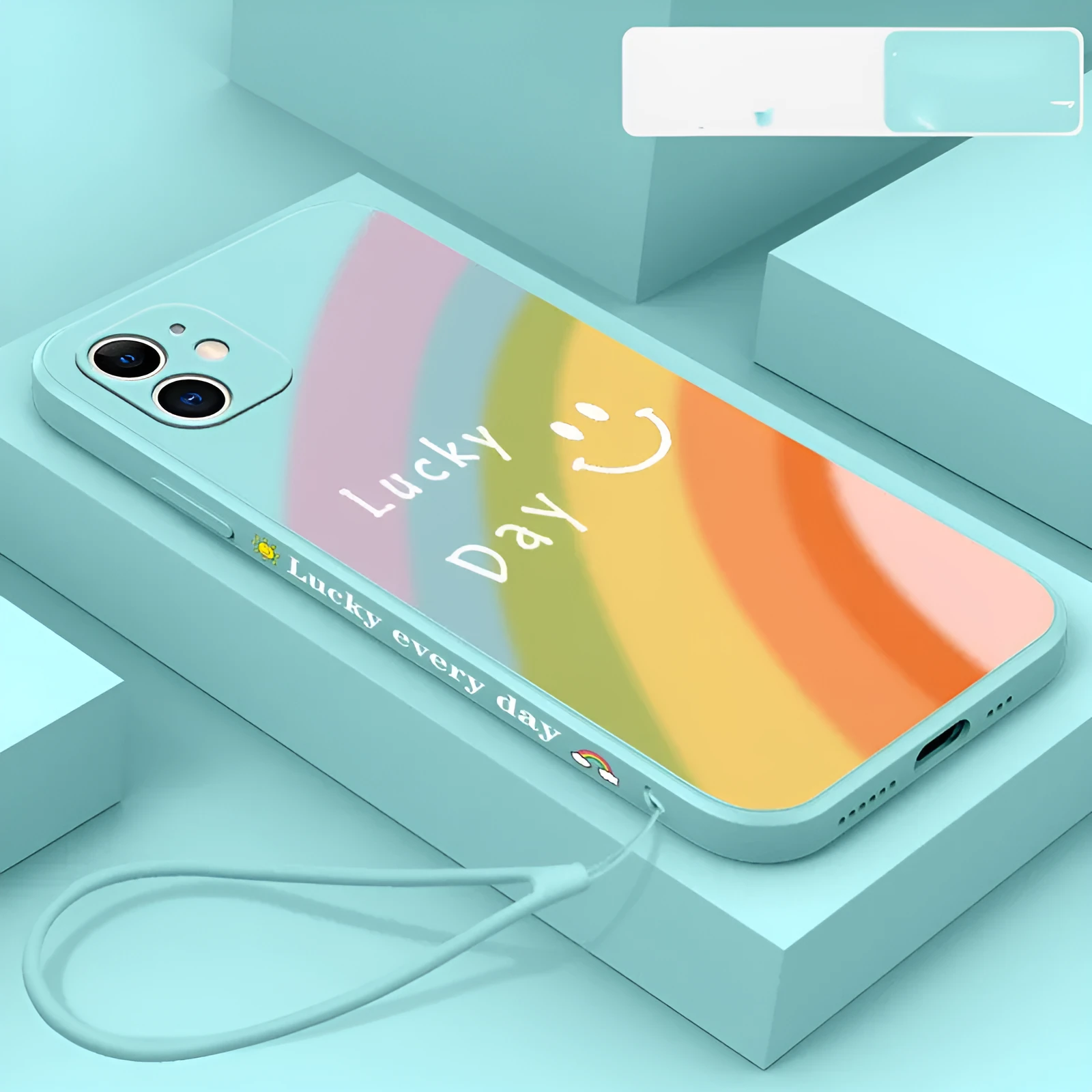 Rainbow smiley face silicone phone case for iPhone in blue, green, purple, and red colours.