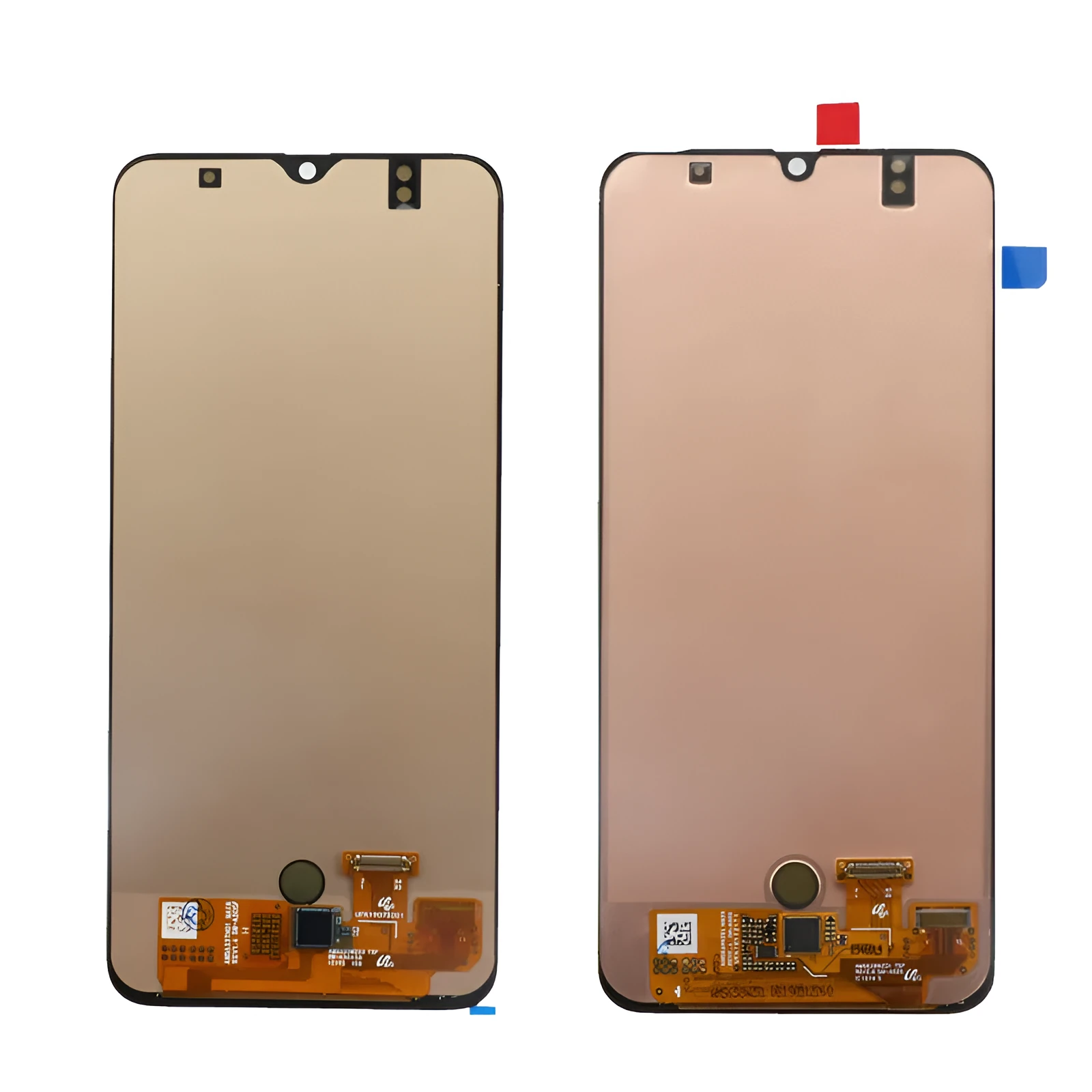 Samsung Galaxy A50 and A50S black smartphone screen replacement assembly showing LCD, frame and digitiser.