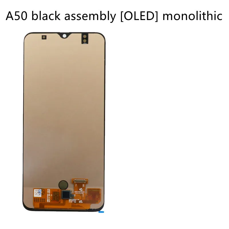 Samsung Galaxy A50 and A50S black smartphone screen replacement assembly showing LCD, frame and digitiser.