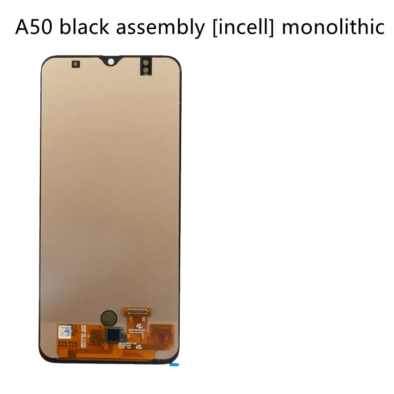 Samsung Galaxy A50 and A50S black smartphone screen replacement assembly showing LCD, frame and digitiser.