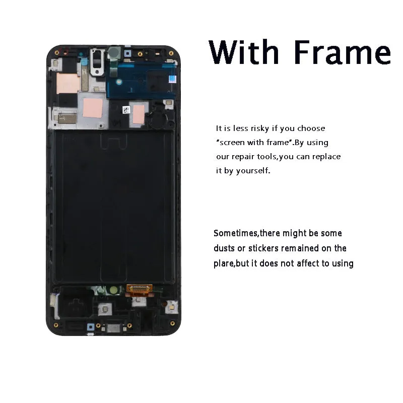 Samsung Galaxy A50 and A50S black smartphone screen replacement assembly showing LCD, frame and digitiser.