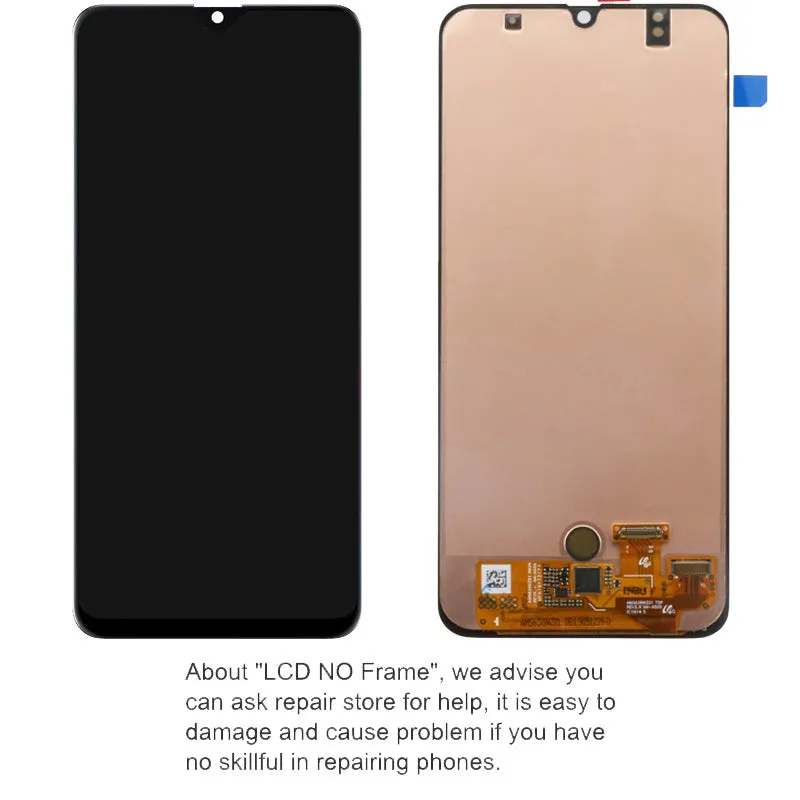 Samsung Galaxy A50 and A50S black smartphone screen replacement assembly showing LCD, frame and digitiser.