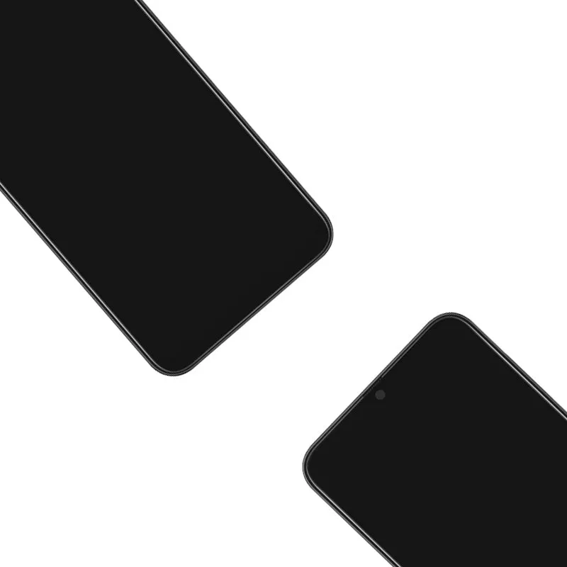 Samsung Galaxy A50 and A50S black smartphone screen replacement assembly showing LCD, frame and digitiser.