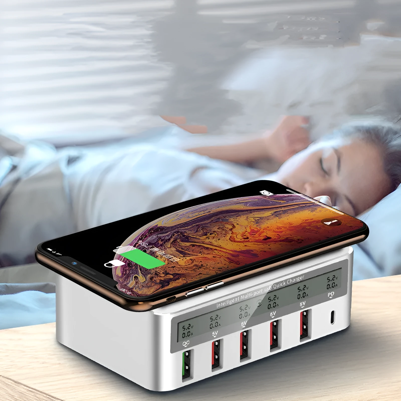 QC30 50W six-port USB desktop charger with optional wireless pad and UK plug.