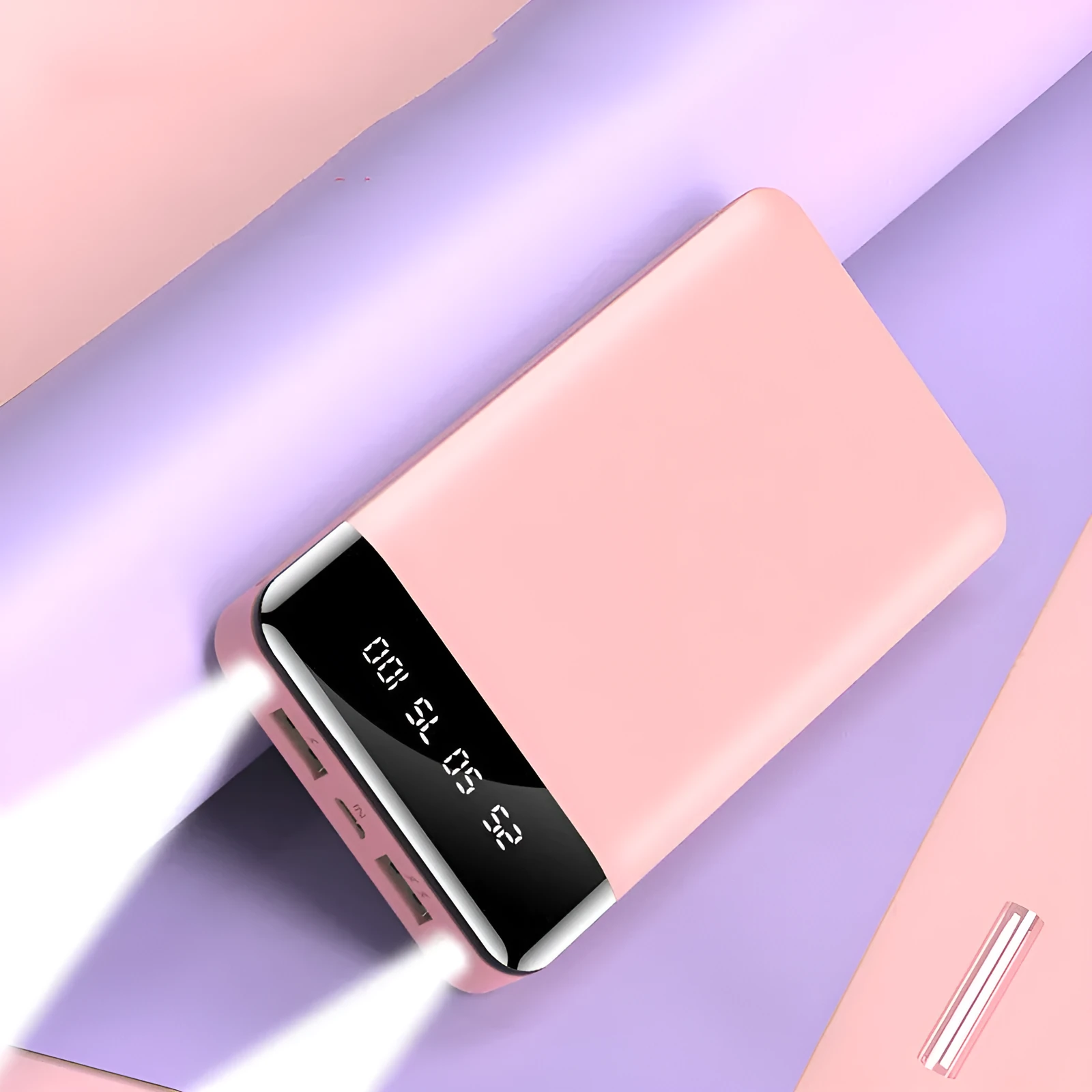 Large capacity power bank with LCD battery percentage display, dual USB outputs, and dual LED lights in black colour