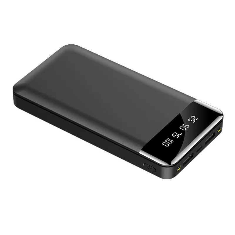 Large capacity power bank with LCD battery percentage display, dual USB outputs, and dual LED lights in black colour