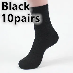 Pair of men's bamboo fibre business socks with small square pattern, shown in navy blue.