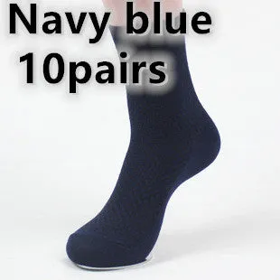 Pair of men's bamboo fibre business socks with small square pattern, shown in navy blue.