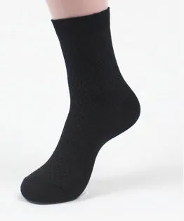 Pair of men's bamboo fibre business socks with small square pattern, shown in navy blue.