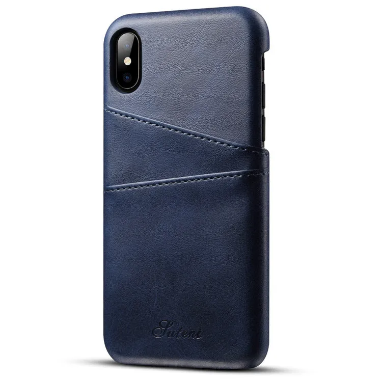 Slim black PU leather wallet phone case for Samsung phone showing two card slots and raised screen lip.