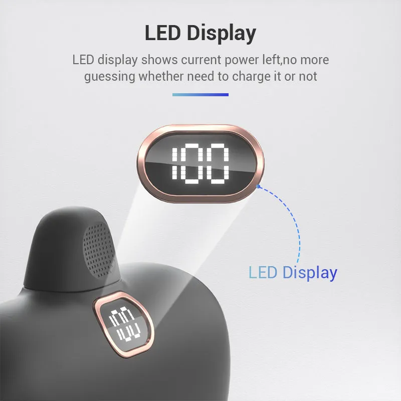 Compact cylindrical alloy power bank with built-in Lightning charging cable showing LCD display.