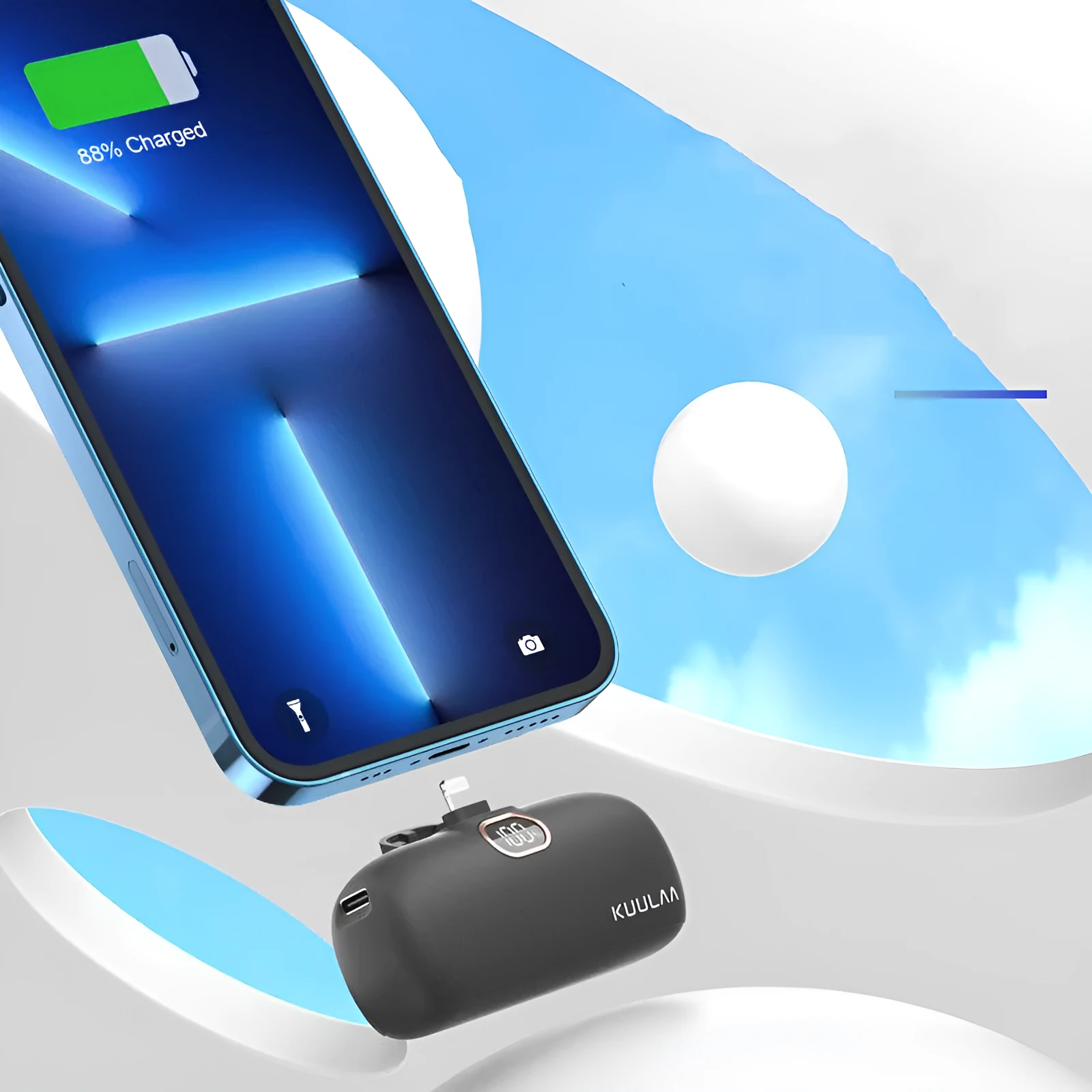Compact cylindrical alloy power bank with built-in Lightning charging cable showing LCD display.