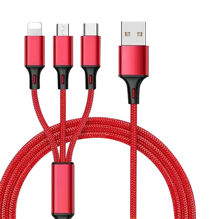 3-in-1 charging cable with TPE and nylon braid, 1.2 metre length, multiple colour options