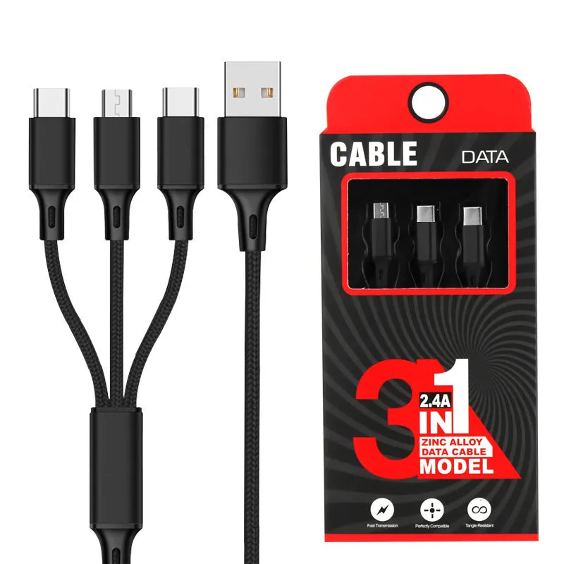 3-in-1 charging cable with TPE and nylon braid, 1.2 metre length, multiple colour options
