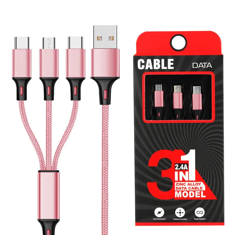3-in-1 charging cable with TPE and nylon braid, 1.2 metre length, multiple colour options