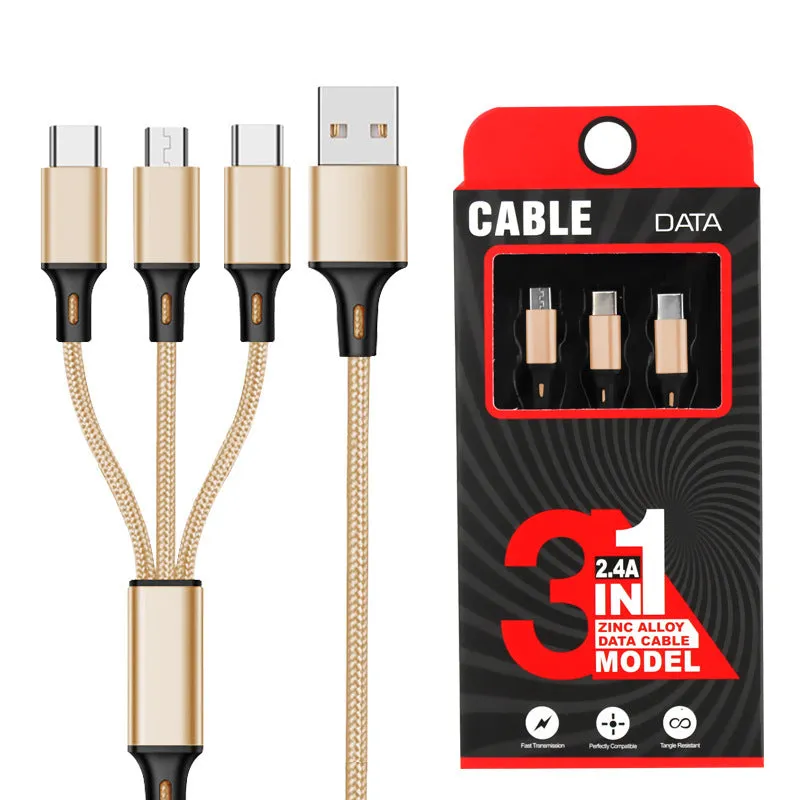 3-in-1 charging cable with TPE and nylon braid, 1.2 metre length, multiple colour options