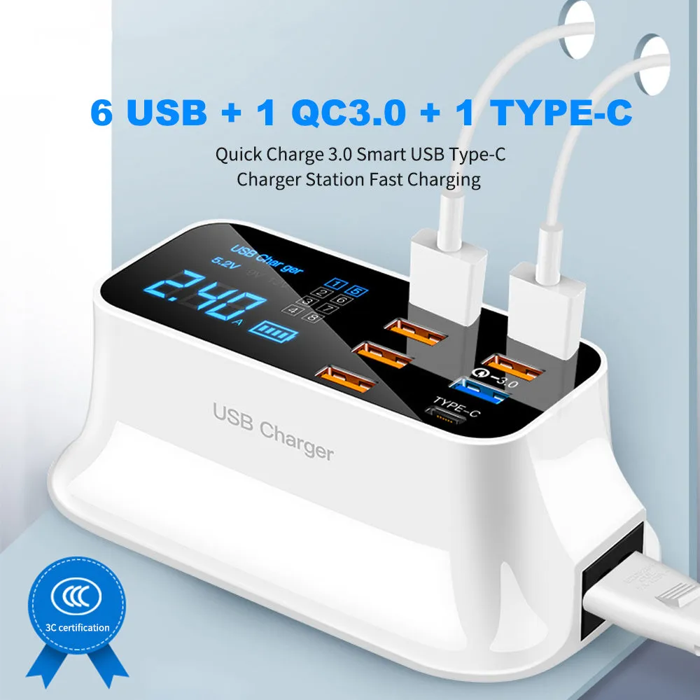 Ceramic white multi-USB charger with digital display showing charging status, UK plug