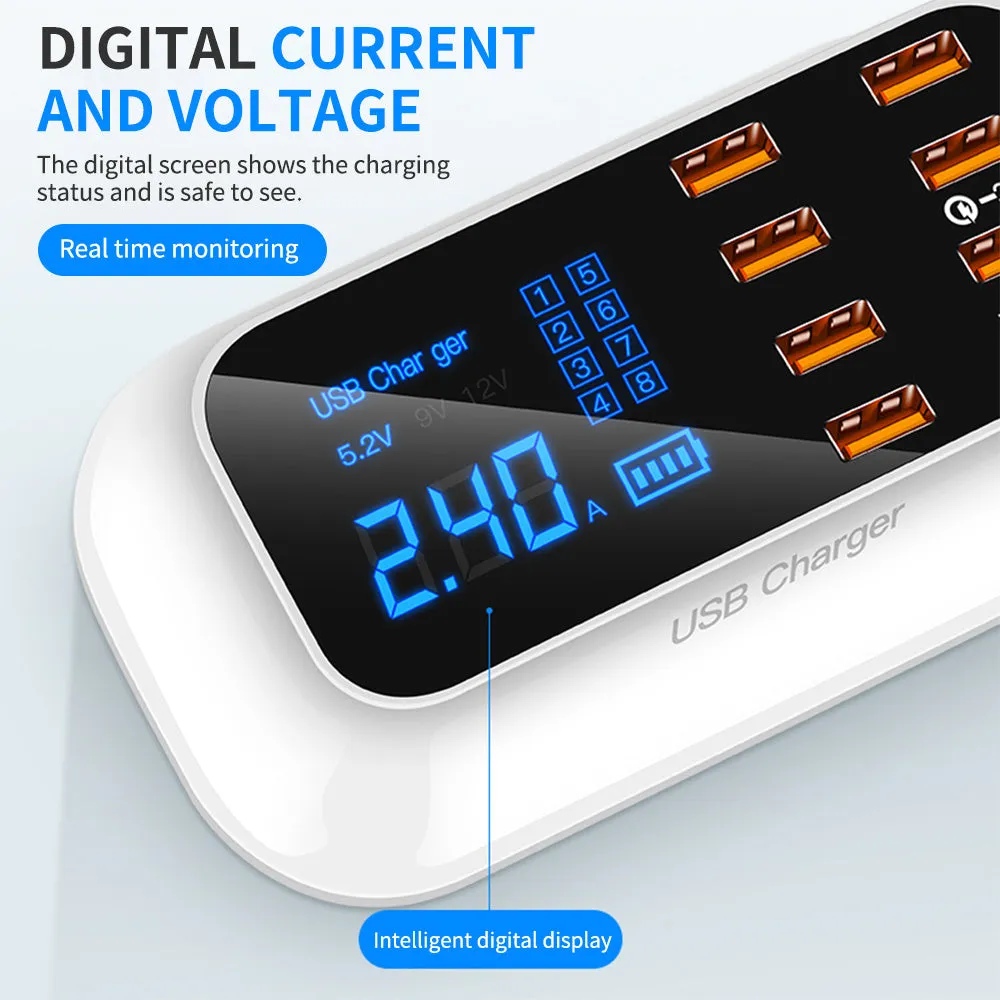 Ceramic white multi-USB charger with digital display showing charging status, UK plug