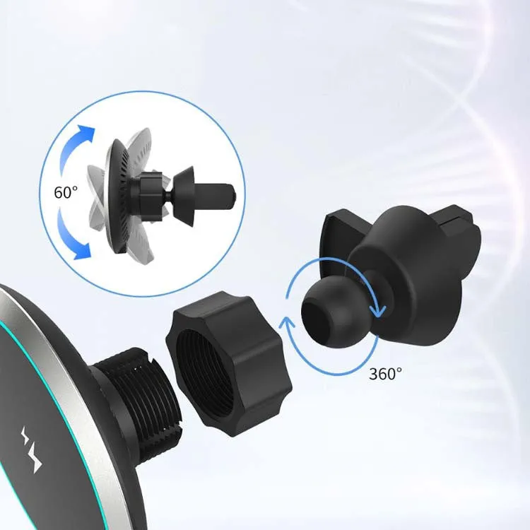 15W magnetic wireless car charger mounted on a vehicle air vent, showing plastic housing and LED light.