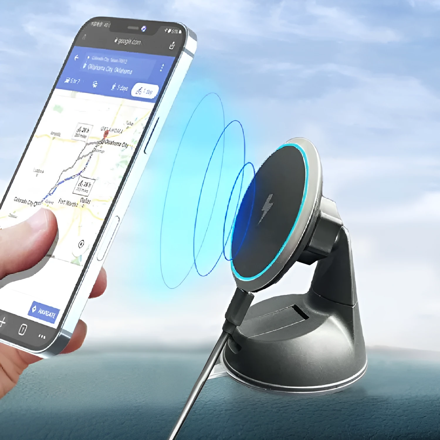 15W magnetic wireless car charger mounted on a vehicle air vent, showing plastic housing and LED light.