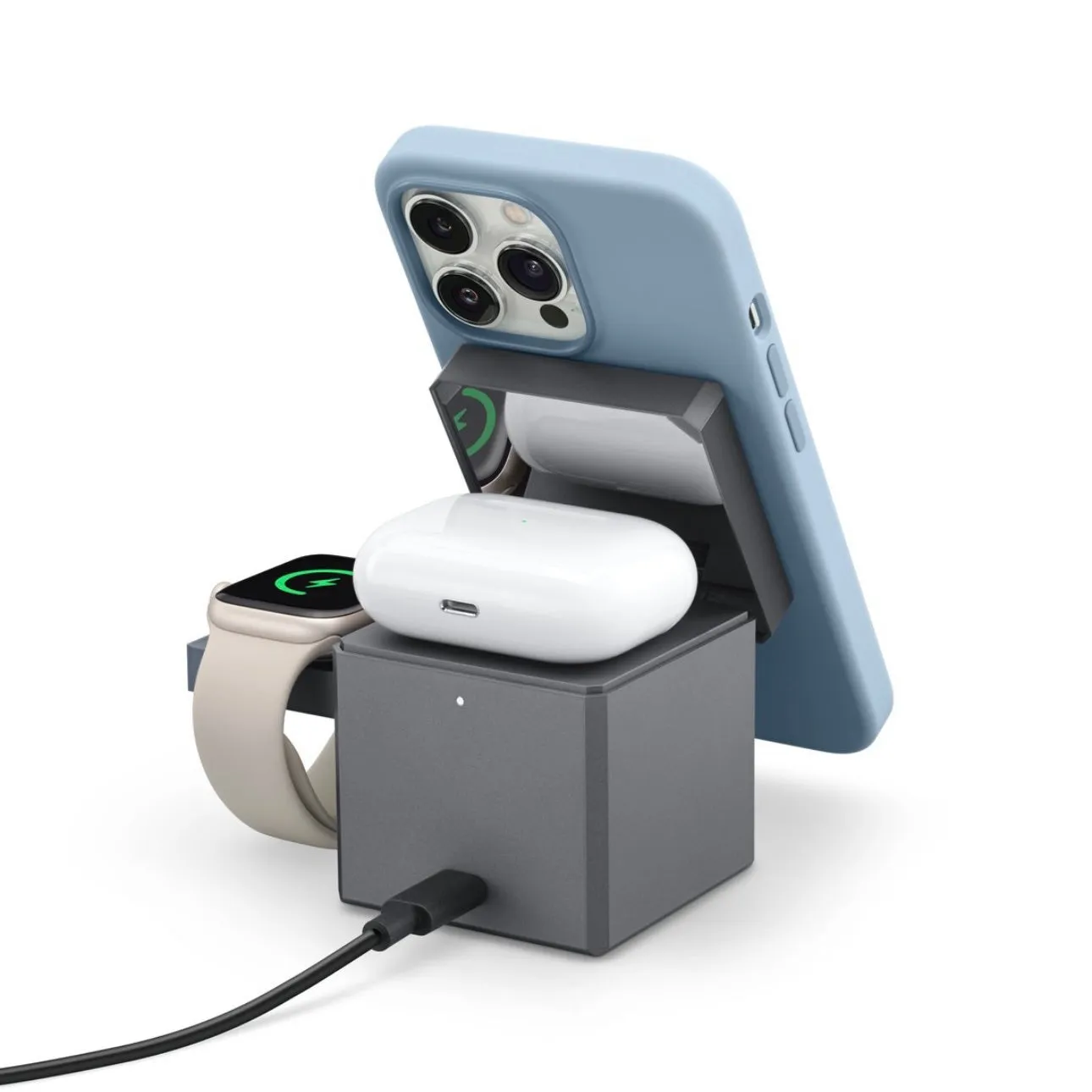 Foldable magnetic wireless charging station for iPhone, AirPods and Apple Watch showing USB-C port and compact design