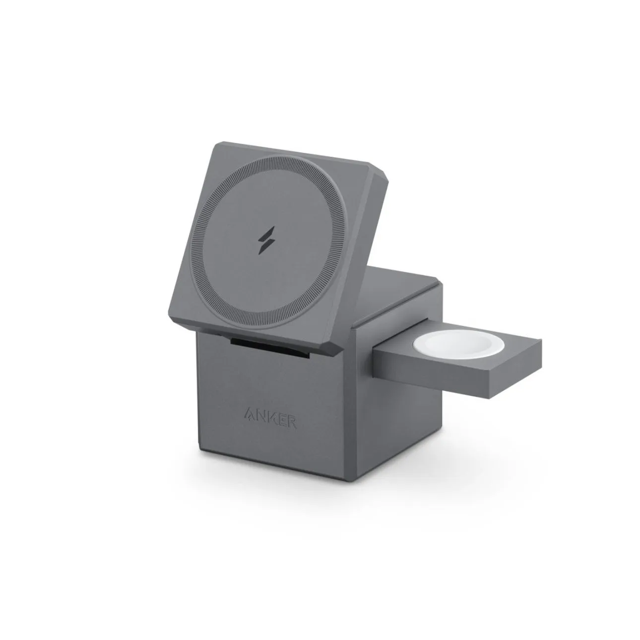 Foldable magnetic wireless charging station for iPhone, AirPods and Apple Watch showing USB-C port and compact design