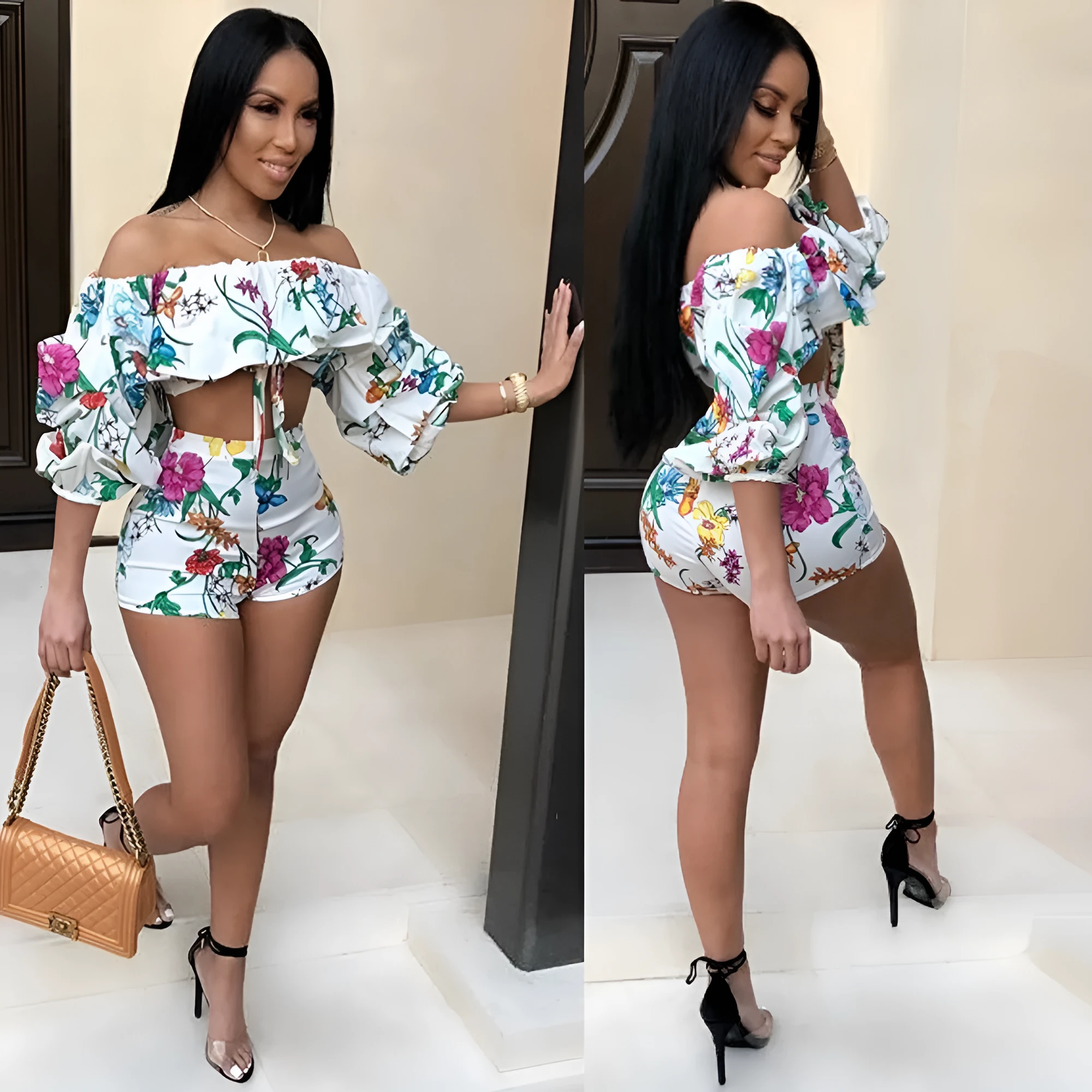 Multicolour digital print two-piece set with a pile sleeve top and matching shorts