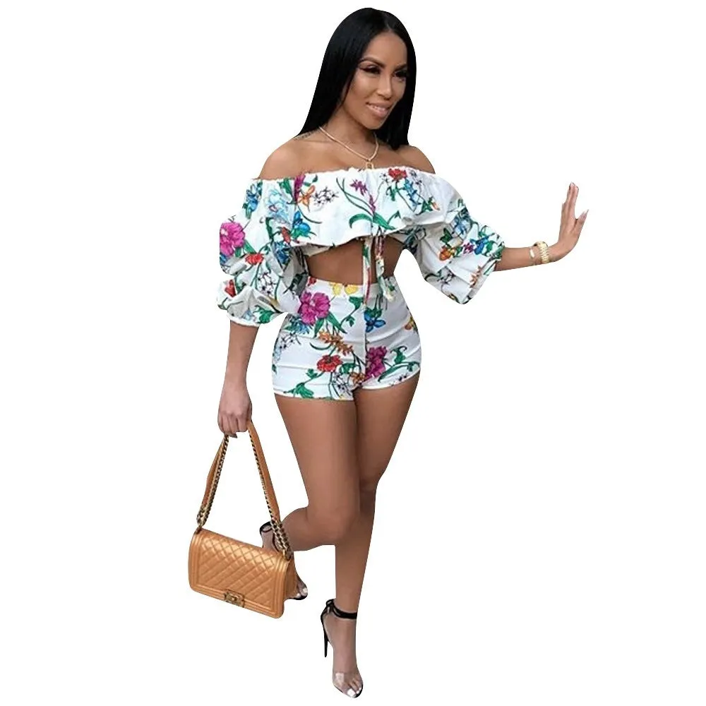 Multicolour digital print two-piece set with a pile sleeve top and matching shorts