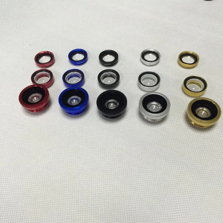 Three-in-one mobile phone fisheye lens clip accessory in multiple colour options
