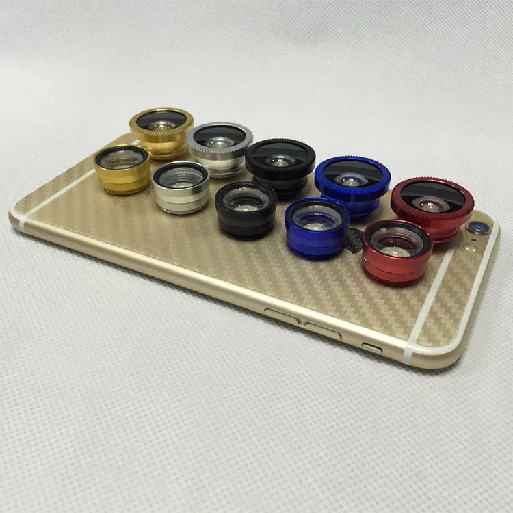 Three-in-one mobile phone fisheye lens clip accessory in multiple colour options