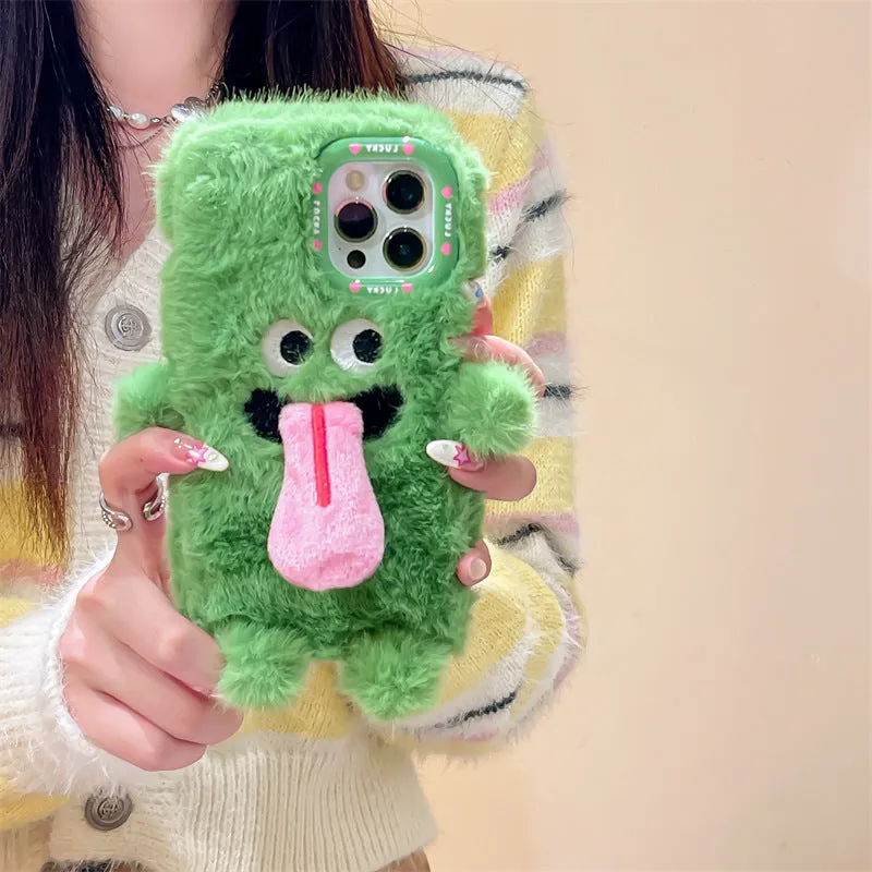 Soft plush phone case with green cartoon monster sticking tongue out, for iPhone.