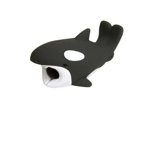 iPhone cable protector in an animal design, showing sleeve placed on charging cable near connector.