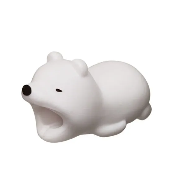iPhone cable protector in an animal design, showing sleeve placed on charging cable near connector.