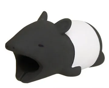 iPhone cable protector in an animal design, showing sleeve placed on charging cable near connector.