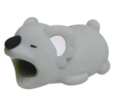 iPhone cable protector in an animal design, showing sleeve placed on charging cable near connector.
