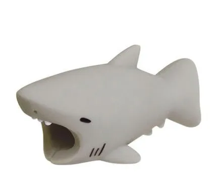 iPhone cable protector in an animal design, showing sleeve placed on charging cable near connector.
