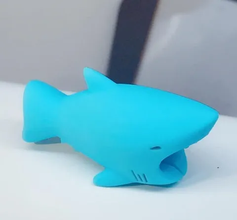 iPhone cable protector in an animal design, showing sleeve placed on charging cable near connector.